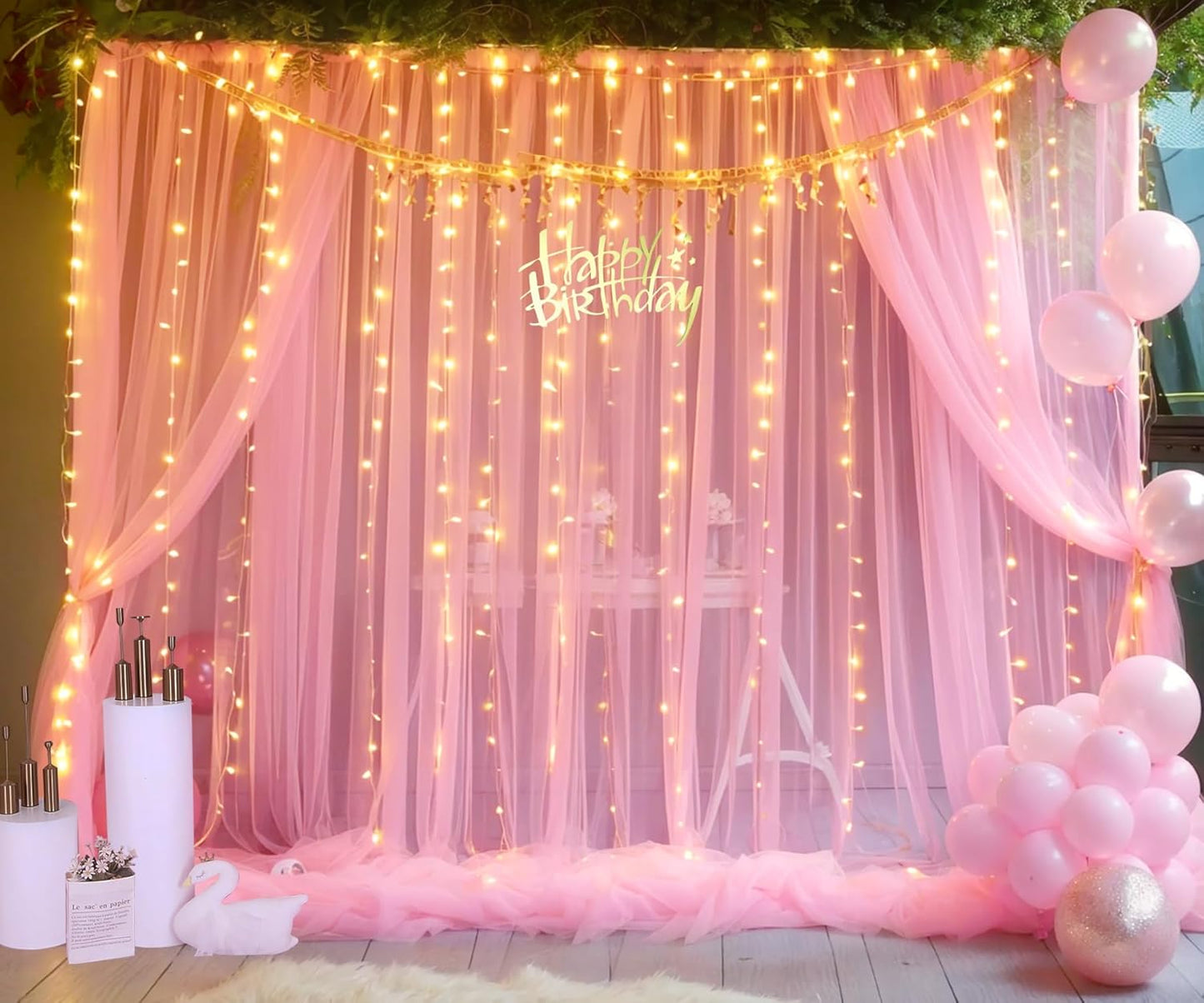 Pink Tulle Backdrop Curtains with Lights String for Parites 20ft×8ft Pink Sheer Backdrop Curtains for Baby Shower Girls Bridal Shower Birthday Party Photo Shoot Decorations(4 Panels 5×8ft)