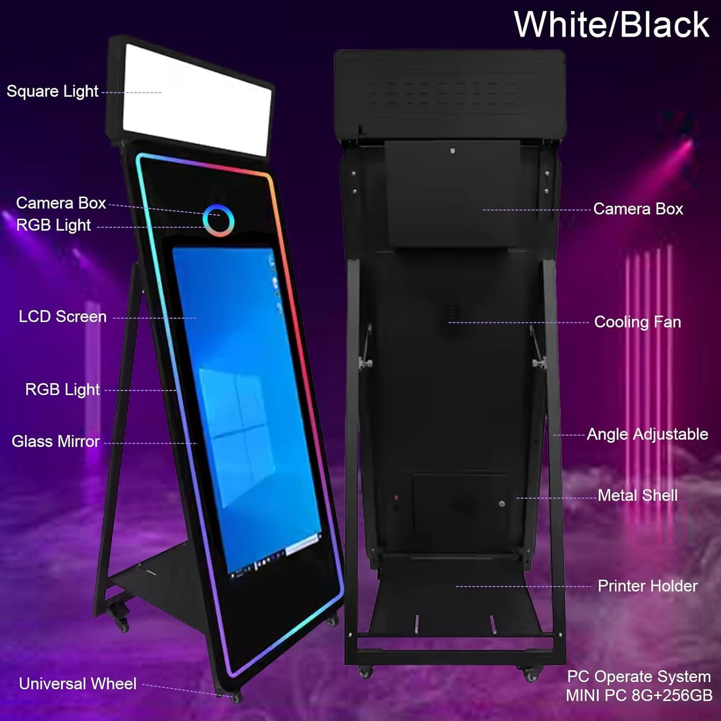 65''Magic Mirror Photo Booth Machine,Mirror Photo Booth 43''Touch Screen,Photo Booth with Flight Case,App Control,RGB Light for Wedding Party Events (Black, Machine+Camera+Mini Printer)