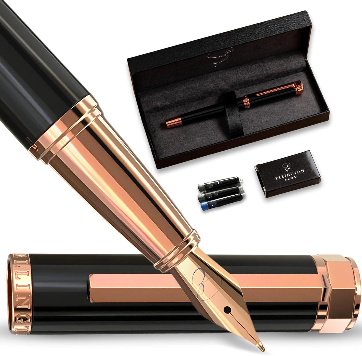 Ellington Pens Luxury Fountain Pen Set- Fountain Pens for Writing - Smooth Fine Nib - Includes Refillable Ink Converter, 3 Ink Cartridges [Black & Blue], Gift Box - Elegant Calligraphy