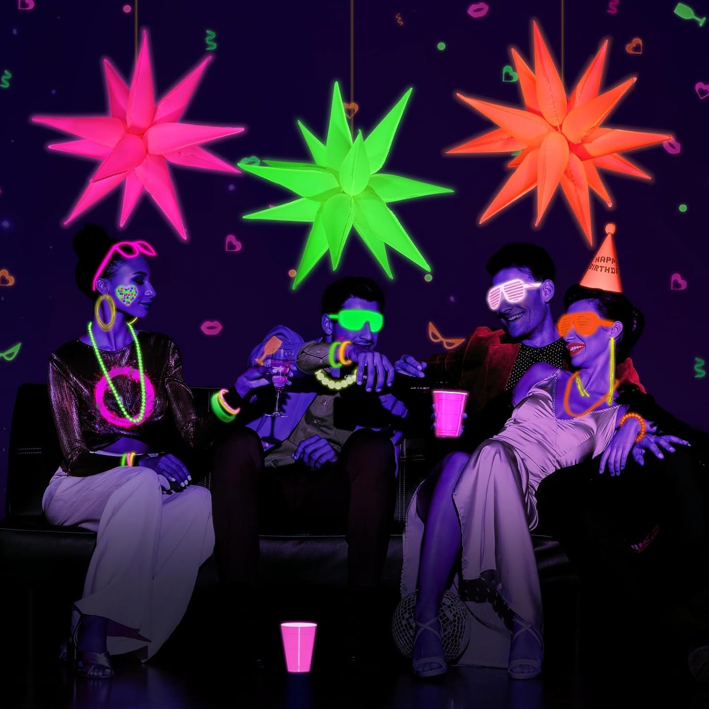 Mega-L Glow Glow in The Dark Party Supplies, 5 Pcs Neon Star Balloons Kit – Neon Foil Explosion & 12 pt Cone Balloons for Arches/Garlands. Perfect for Birthday, Wedding, Anniversary, Graduation Party