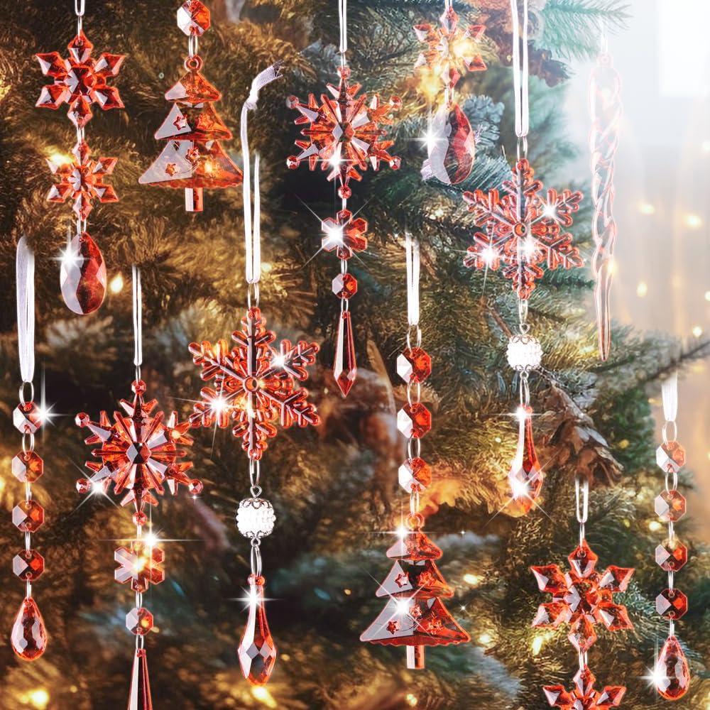 Lanpn 26pcs Christmas Ornaments Crystal Christmas Tree Decoration, Hanging Clear Acrylic Snowflake Icicle Drop Pendants for Xmas Winter Outdoor Indoor Party Decoration Red