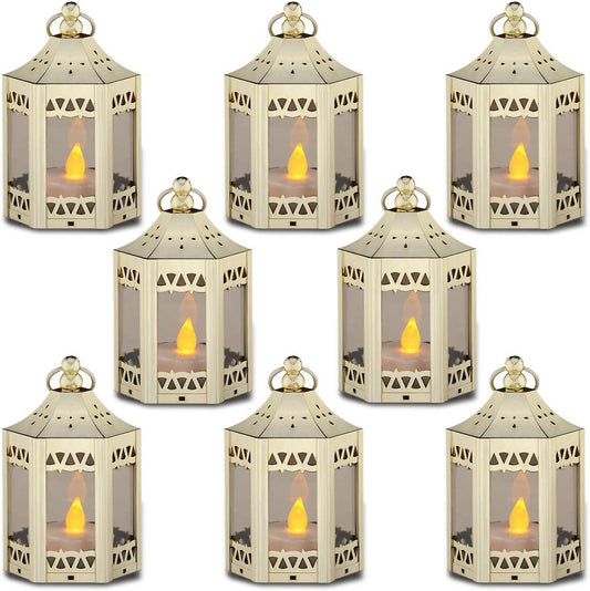 zkee Mini Star Lanterns with Flickering LED, Battery Included, Decorative Hanging Lanterns for Christmas and Indoor Use (Set of 8, Golden)