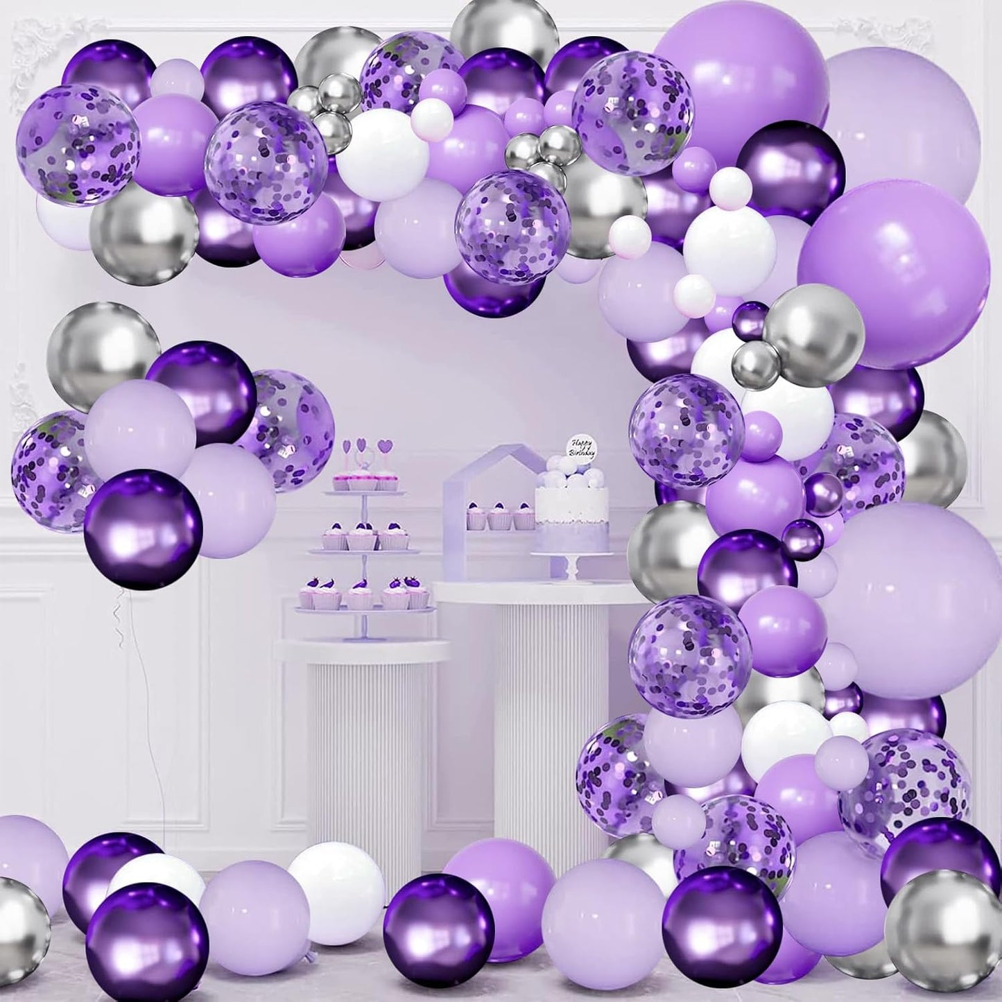 Purple Balloons Garland Arch Kit,144pcs Lavender Purple Pastel Purple Confetti Balloons with Silver White Ballons for Girl Butterfly Bridal Shower Princess Birthday Wedding Party Decoration