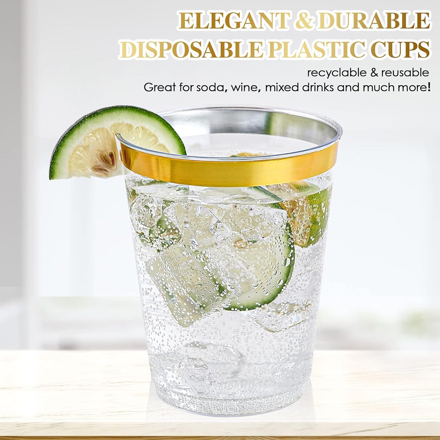 FOCUSLINE 10 oz Gold Plastic Cups, Disposable Clear Fancy Hard Plastic Cups, Gold Rimmed, Heavy Duty, Reusable,100 Count