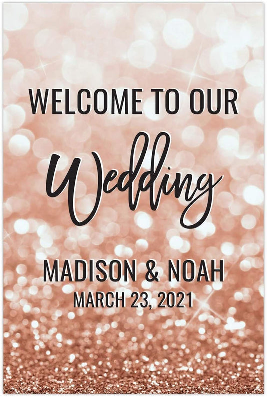Andaz Press Personalized Extra Large Wedding Easel Board Party Sign, 12x18-inch, Glitzy Faux Rose Gold Glitter, Welcome to Our Wedding Bride Groom Name Date, 1-Pack, Custom