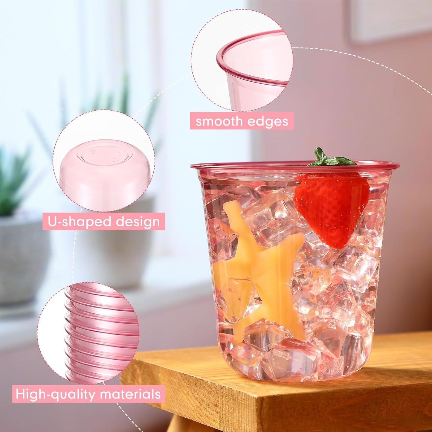 200 Pcs Disposable Stemless Glasses 12oz Crystal Plastic Wine Glasses Clear Classic Pet Cup for Meeting Weddings Birthdays Cocktail Christmas Party Supplies (Pink)