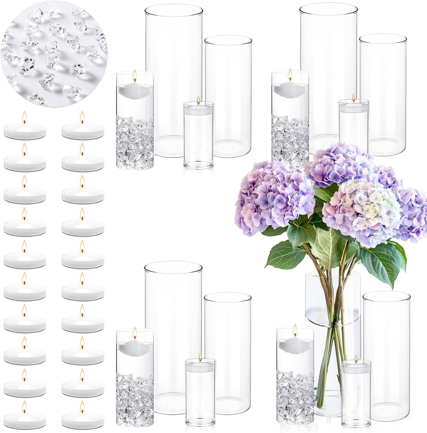 20 PCS White Floating Candles and 16 PCS Glass Vases for Centerpieces with 400 Fake Ice Acrylic Rocks Vase Filler Floating Candle Centerpieces for Tables Party Wedding Home Decoration