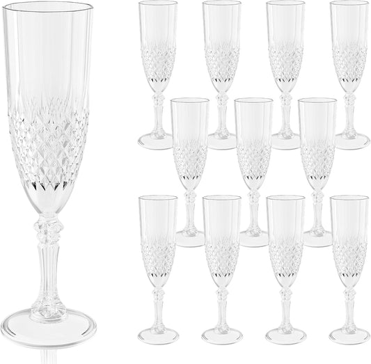 Plastic Champagne Flutes, 12PCS White Transparent Wine Glasses Goblets Cups Shatterproof Reusable Flute for Weddings Bachelor Parties Toasting and Events(12,Transparent)
