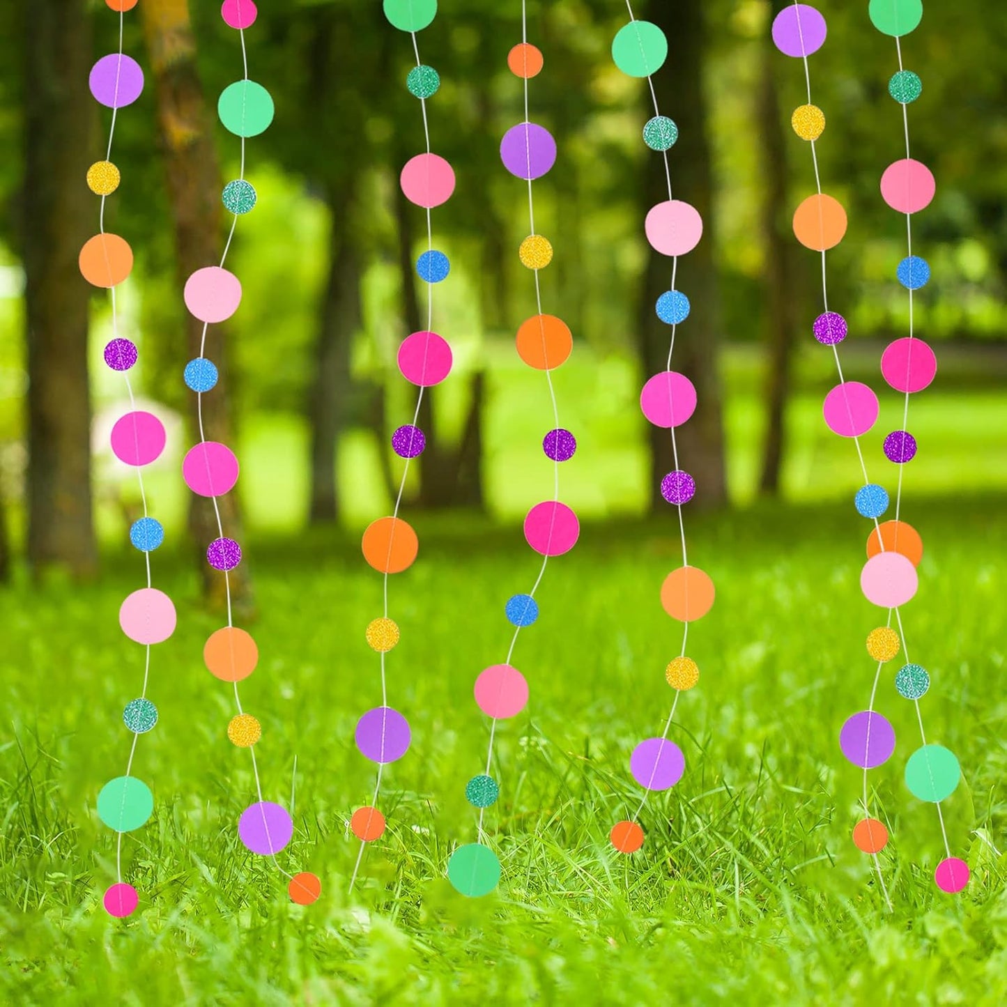 Outus 5 Pieces Colorful Dots Paper Garland Round Glitter Garland Hanging Confetti Streamers Backdrop for Candy Birthday Classroom Halloween Trunk or Treat Car Decoration (Rainbow)