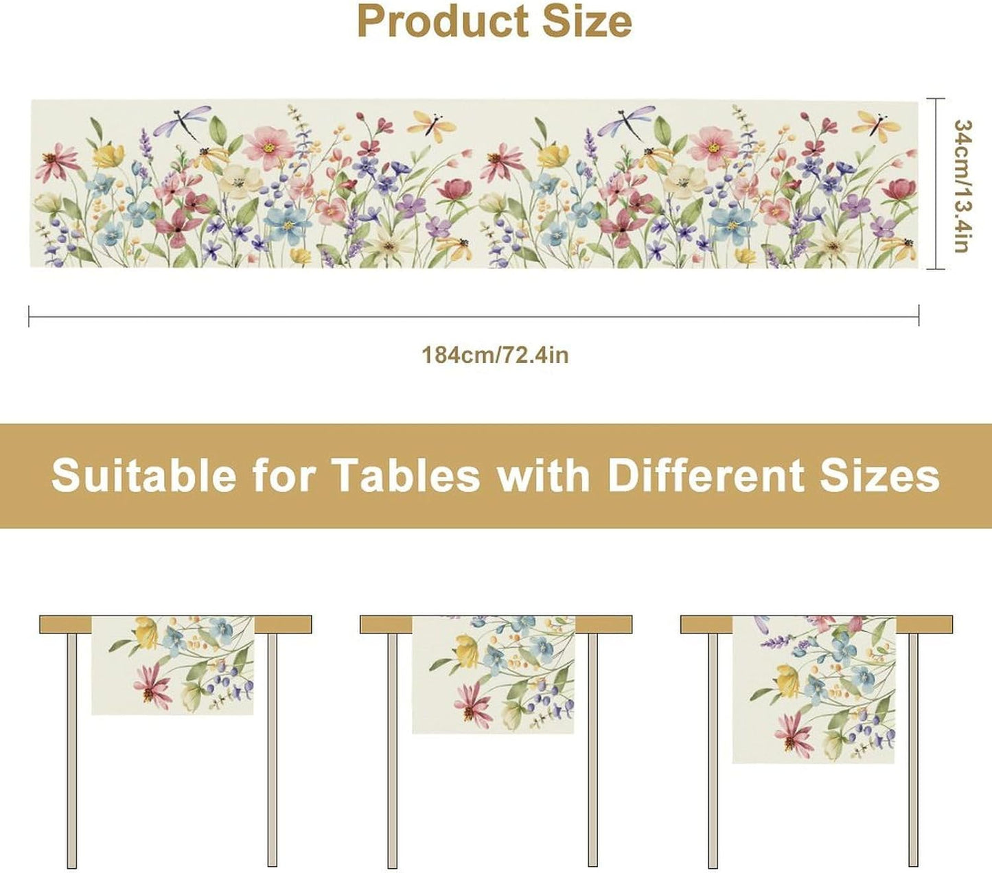 Watercolor Floral Table Runner, Colorful Spring Summer Nature Flower Dragonfly Pattern Print Table Runner for Kitchen Dinning Table Runner Decor Home Wedding Party Holiday, 13x70 Inch