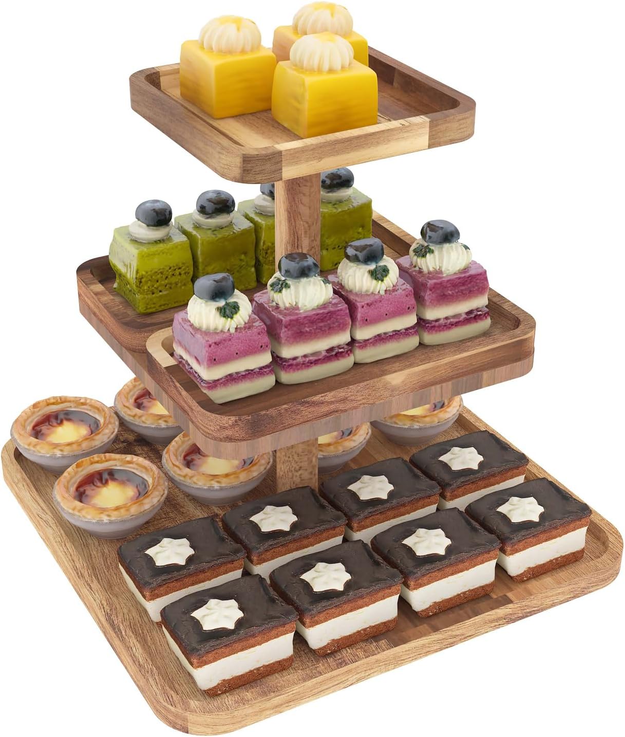 Acacia Wood 3 Tier Cupcake Stand with 2 Removable Snack Tray, Rustic Square Cup Cake Tower Stand for 25 Cupcakes, Display Cakestand for Wedding, Birthday, Serving Tea Party, Natural
