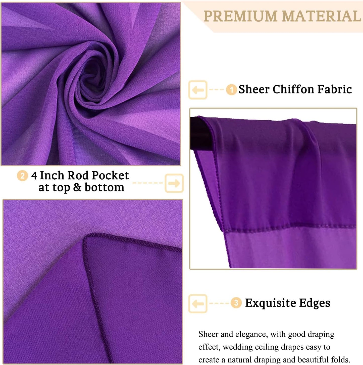 MODFUNS Ceiling Drapes for Parties Royal Purple Wedding Arch Draping Fabric 5x20ft 6 Panels Chiffon Fabric Drapes Ceiling Decor Sheer Curtains Bed Canopy for Bedroom Wedding Decor
