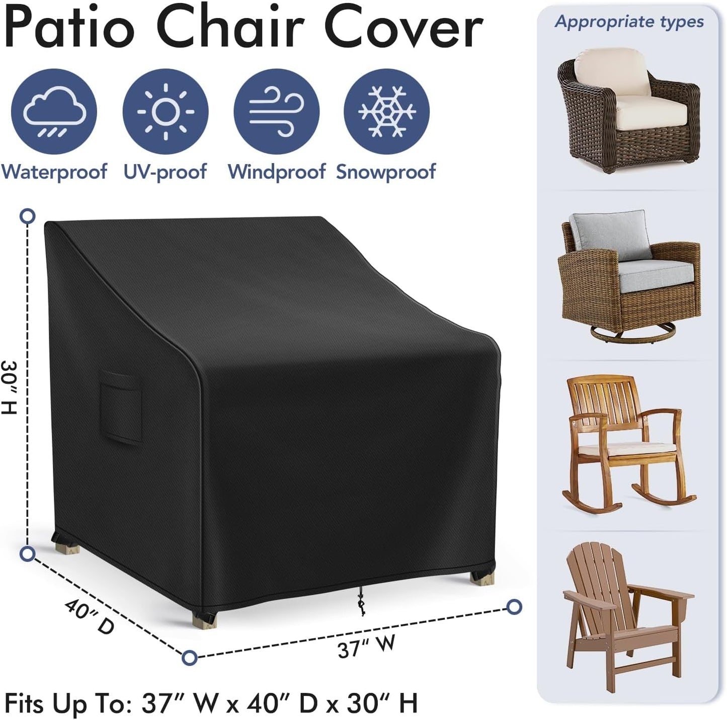 Patio Furniture Covers Waterproof for Chairs, Lawn Outdoor Chair Covers 2 Pack, Patio Chair Covers for Outdoor Furniture Fits up to 37W x 40D x 30H inches, Black
