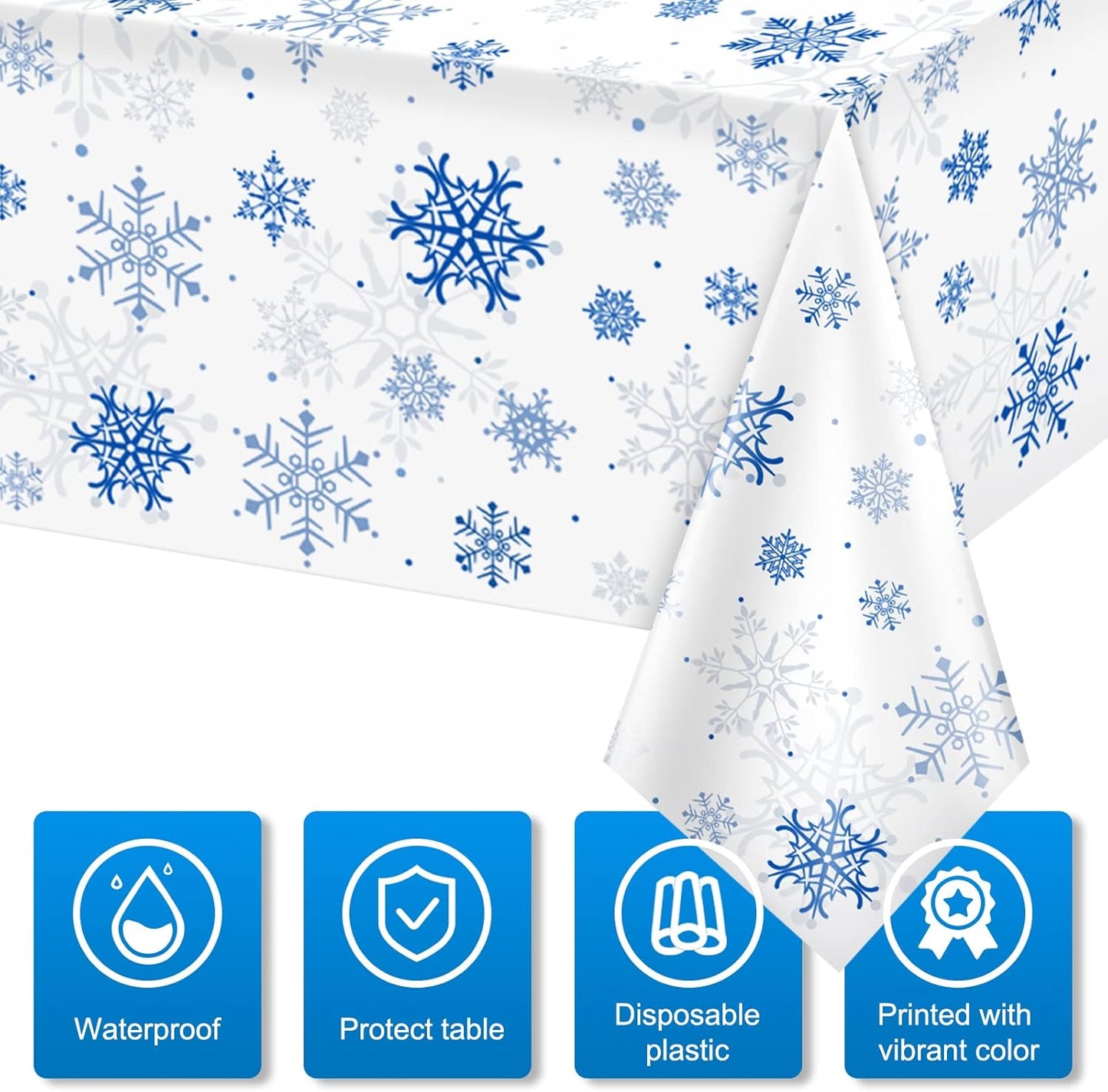 1 Pieces Snowflake Christmas Party Tablecloth Decorations,Plastic White Snowflake White Blue Xmas Backdrop Sign Table Cover Banner for Winter Christmas Holiday Party Supplies,54x108 inch（White/Blue）