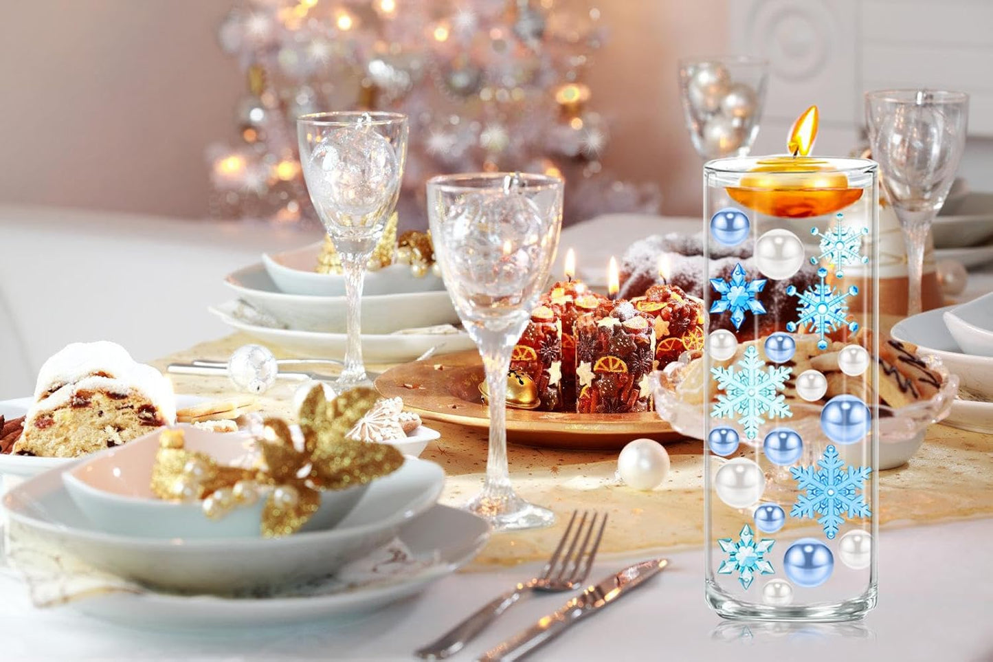 110 Pcs Vase Filler Christmas Decorations and Floating Beads, Snowflake Vases Fillers