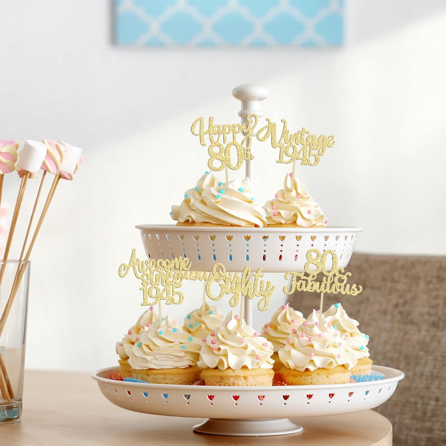 30Pcs Vintage 1945 Cupcake Toppers Glitter Eighty Happy 80th Birthday 80 Fabulous Cupcake Picks Awesome Since 1945 Cake Decorations for 80th Birthday Anniversary Retirement Party Supplies Gold