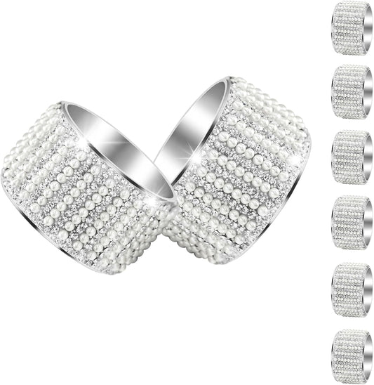 Diamond Pearls12cs Napkin Rings Rhinestone Crystal Glass Framed Napkin Holder Handmade Serviette Buckles for Christmas, Easter, Thanksgiving Day Wedding Banquet Home Party Decoration Dining Table