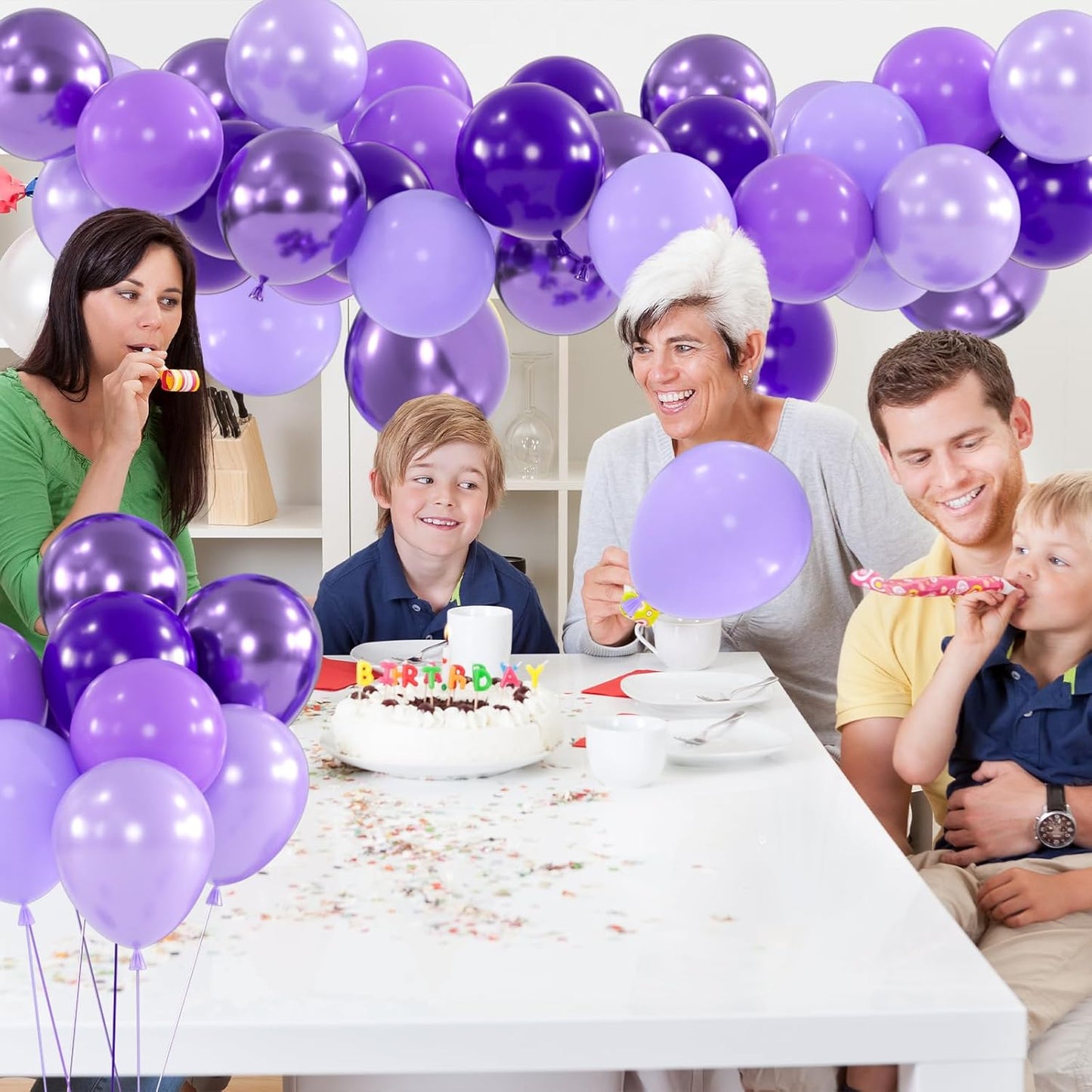 100pcs Purple Balloons - 12inch Metallic Chrome & Lavender Lilac Balloons with Confetti for Wedding, Baby Shower, Bridal Shower, Princess Birthday Parties (with 66ft Ribbons)