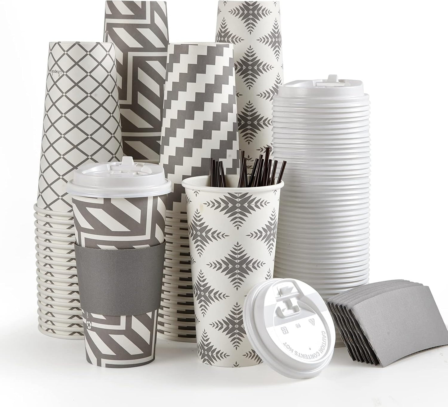 LITOPAK 100 Pack 20 oz Paper Coffee Cups with Lid, Sleeve, and Straws, Four Designs of Disposable Hot Coffee Cups for Home, Stores, and Cafes
