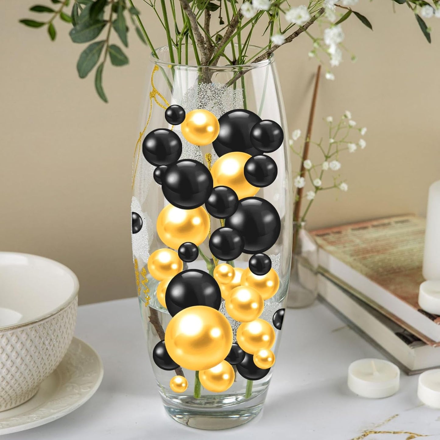 100PCS Black Gold Faux Pearls Beads for Centerpiece Vases, Vase Filler Faux Pearls, No Holes Filler Beads for Party Anniversary Graduation Table Decor, 14/20/30mm