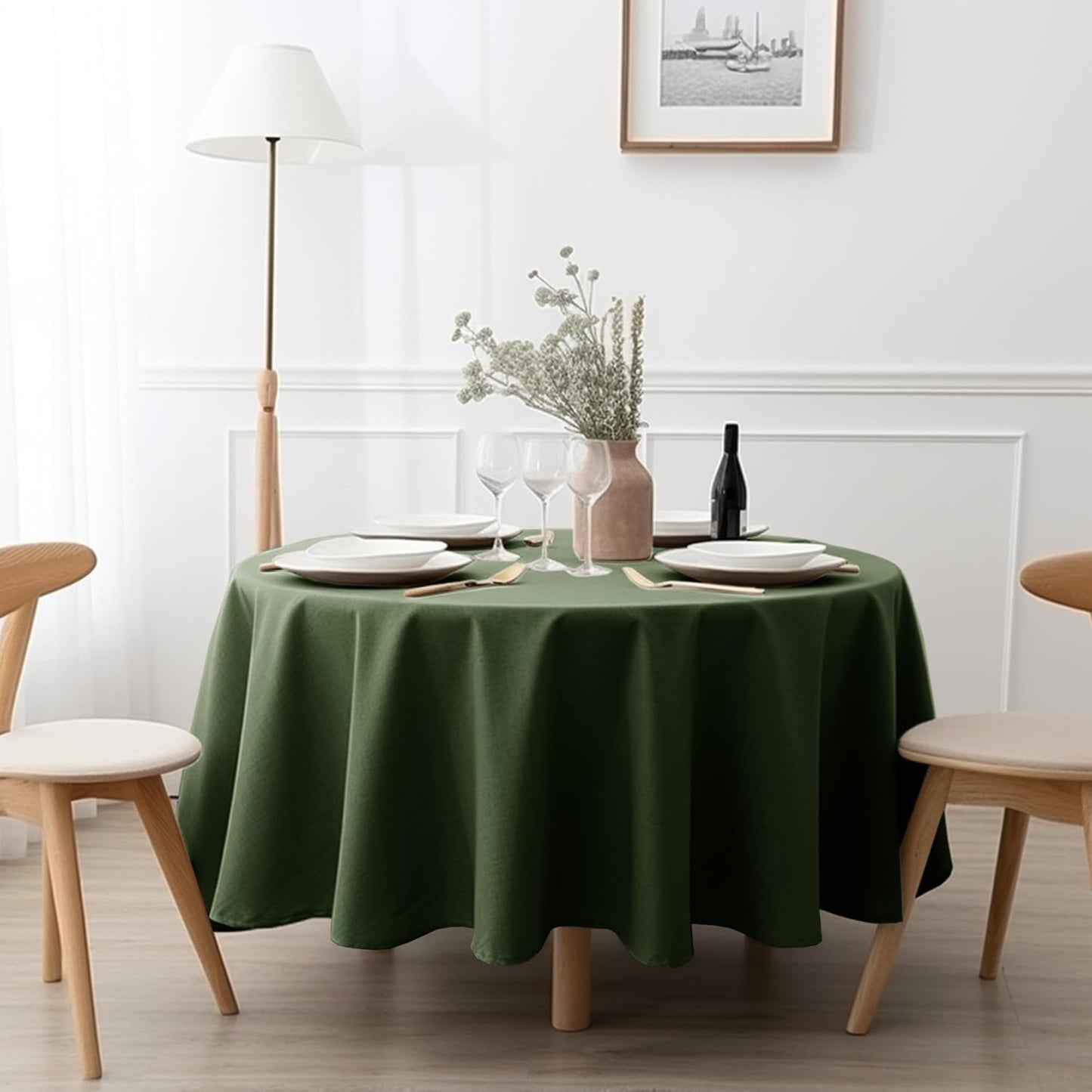 EVERLY 100% Pure Linen Round Tablecloth 90Inches for Dining,Buffet Parties,Picnic,Events,Weddings and Restaurants,Decorative Halloween,Thanksgiving Machine Washable Tablecloths-Olive Green