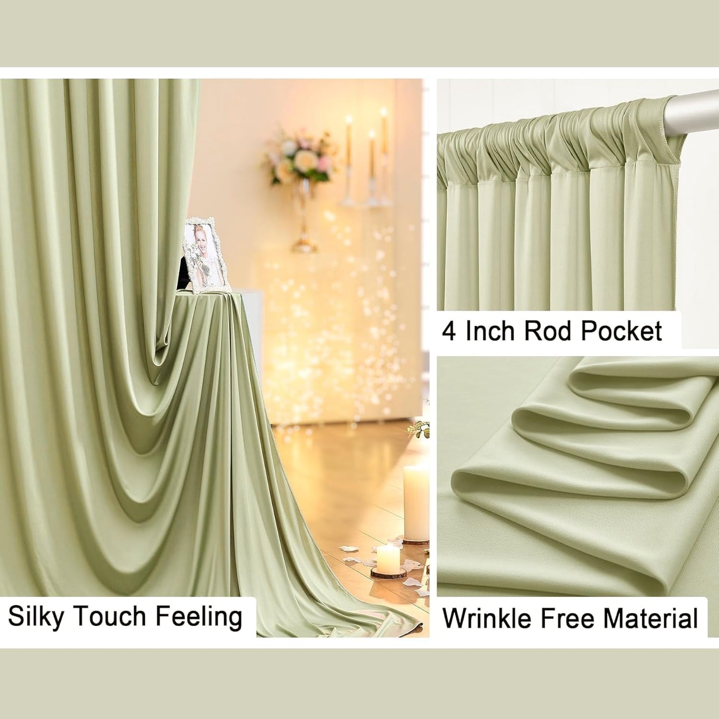 40 ft x 10 ft Wrinkle Free Sage Green Backdrop Curtain for Parties, Thick Green Polyester Photo Backdrop Drapes for Baby Shower Wedding Engagement Birthday Party Backdrop Stand,5ft x 10ft 8 Panels