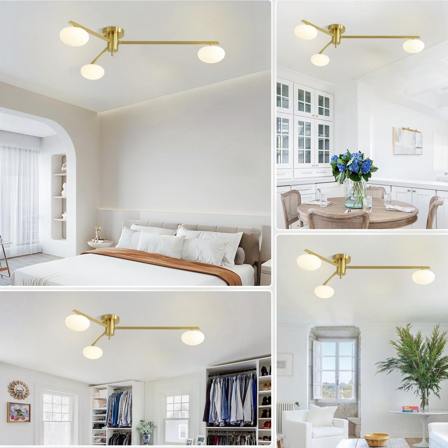 3-Light Gold Semi Flush Mount Ceiling Light,Modern Sputnik Chandelier,Mid Century Industrial Vintage Metal Chandelier for Bedroom Kitchen Dining Room MCL03-GD