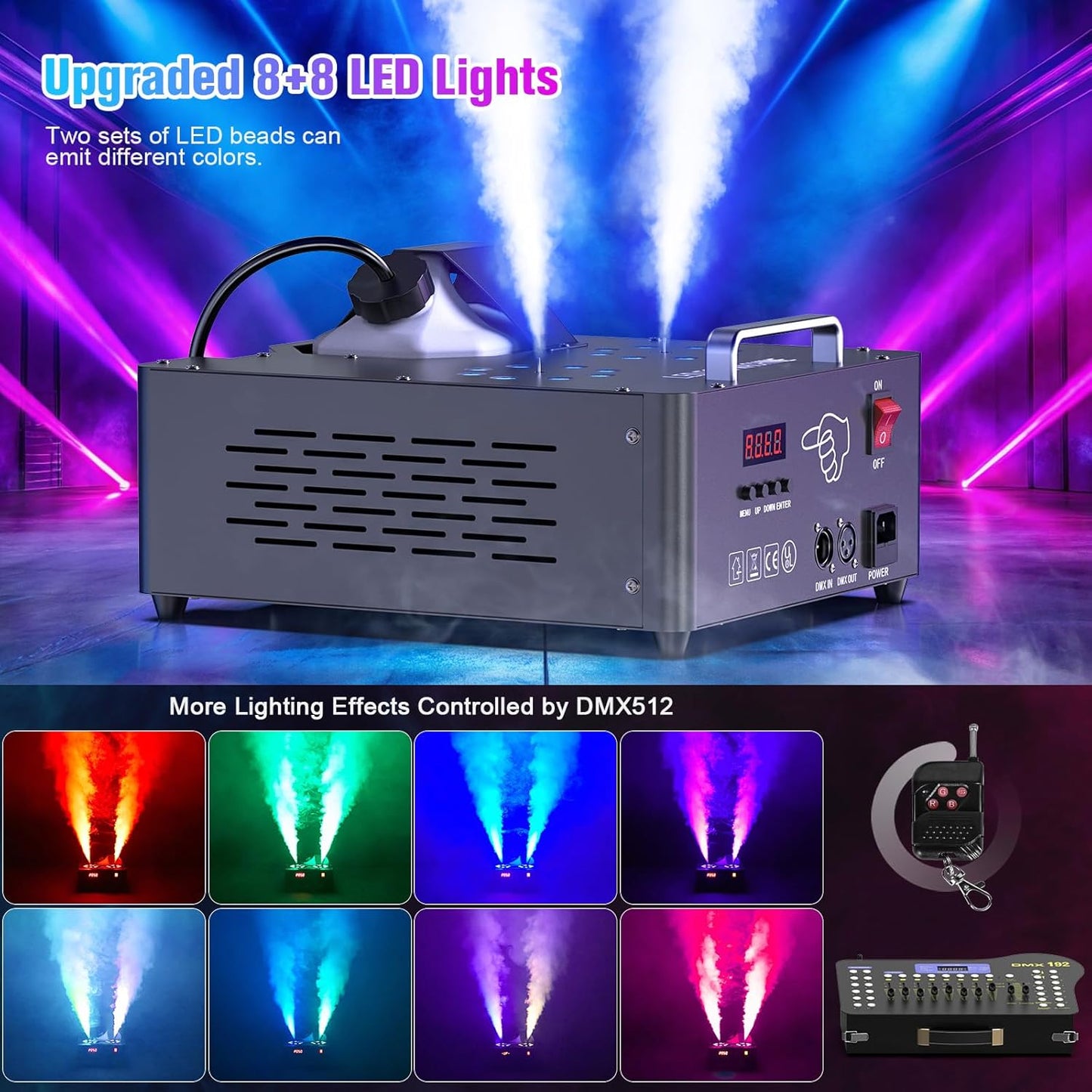 2000W Professional Fog Machine Dual Nozzle with 16 RGB LED, DMX Control Adjustable Smoke Direction, 2.5L Tank LCD Display 30000CFM for Halloween Christmas Stage DJ Party Club Events-4PC