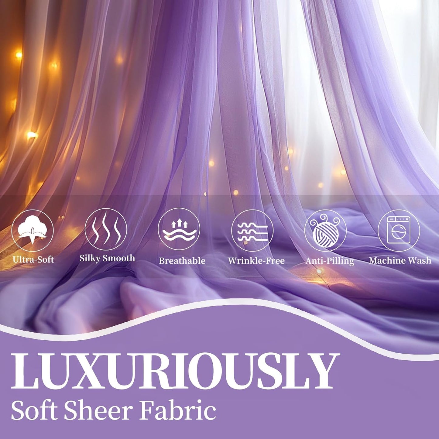 10x10ft Lavender Tulle Backdrop Curtain with Fairy Lights, Wrinkle-Free Sheer Wedding Backdrop for Birthday Parties, Baby Showers, Bridal Showers, Photo Shoots and Home Decorations, Lavender
