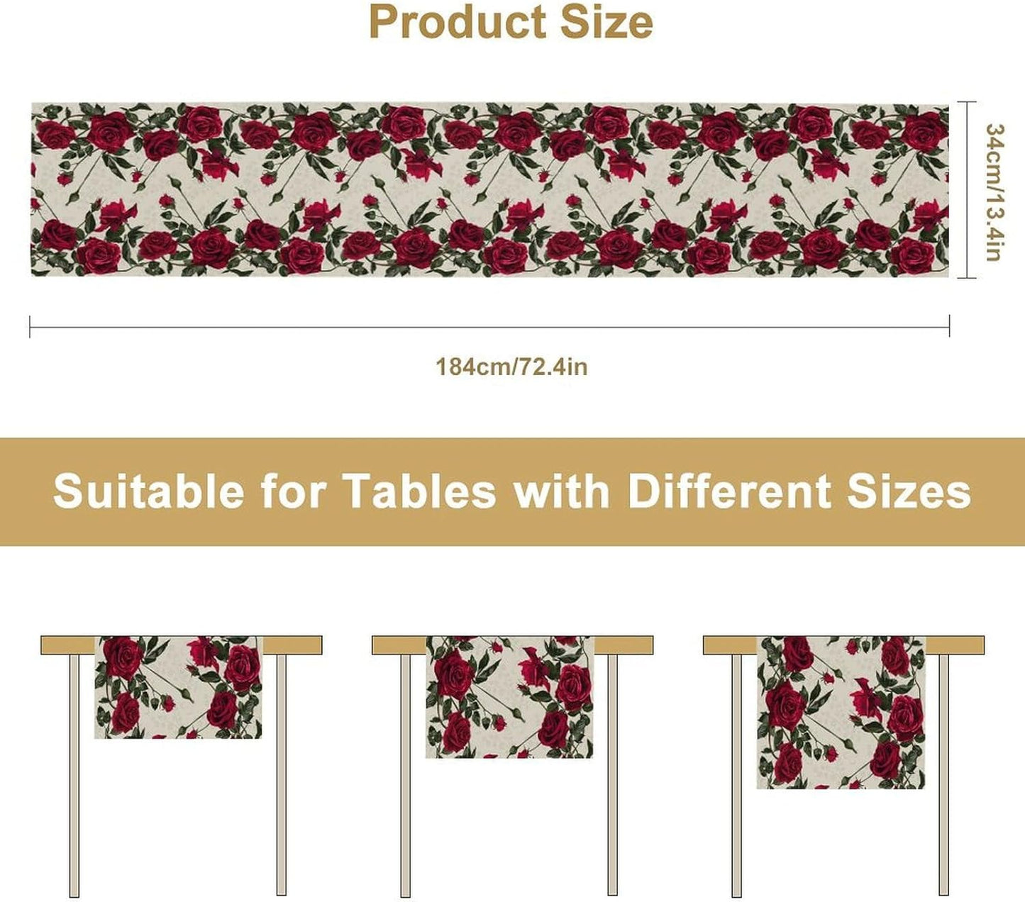 Rose Table Runner, Retro Red Rose Flowers Green Leaves Valentine's Day Kitchen Dinning Table Runner for Indoor Outdoor Home Wedding Party Holiday, 13x70 Inch