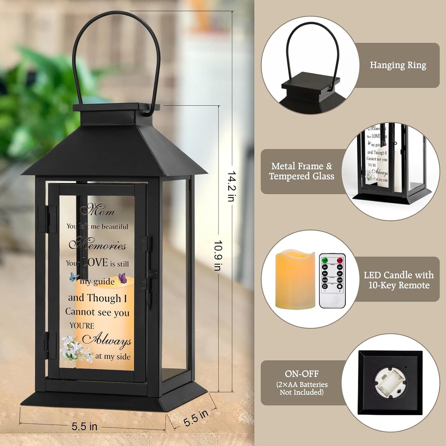 Memorial Lantern Bereavement Gifts in Memory of Loved One Memorial Gifts for Loss of Mother Remembrance Sympathy Gifts for Loss of Loved One with LED Candle and Remote HNGlantern1104