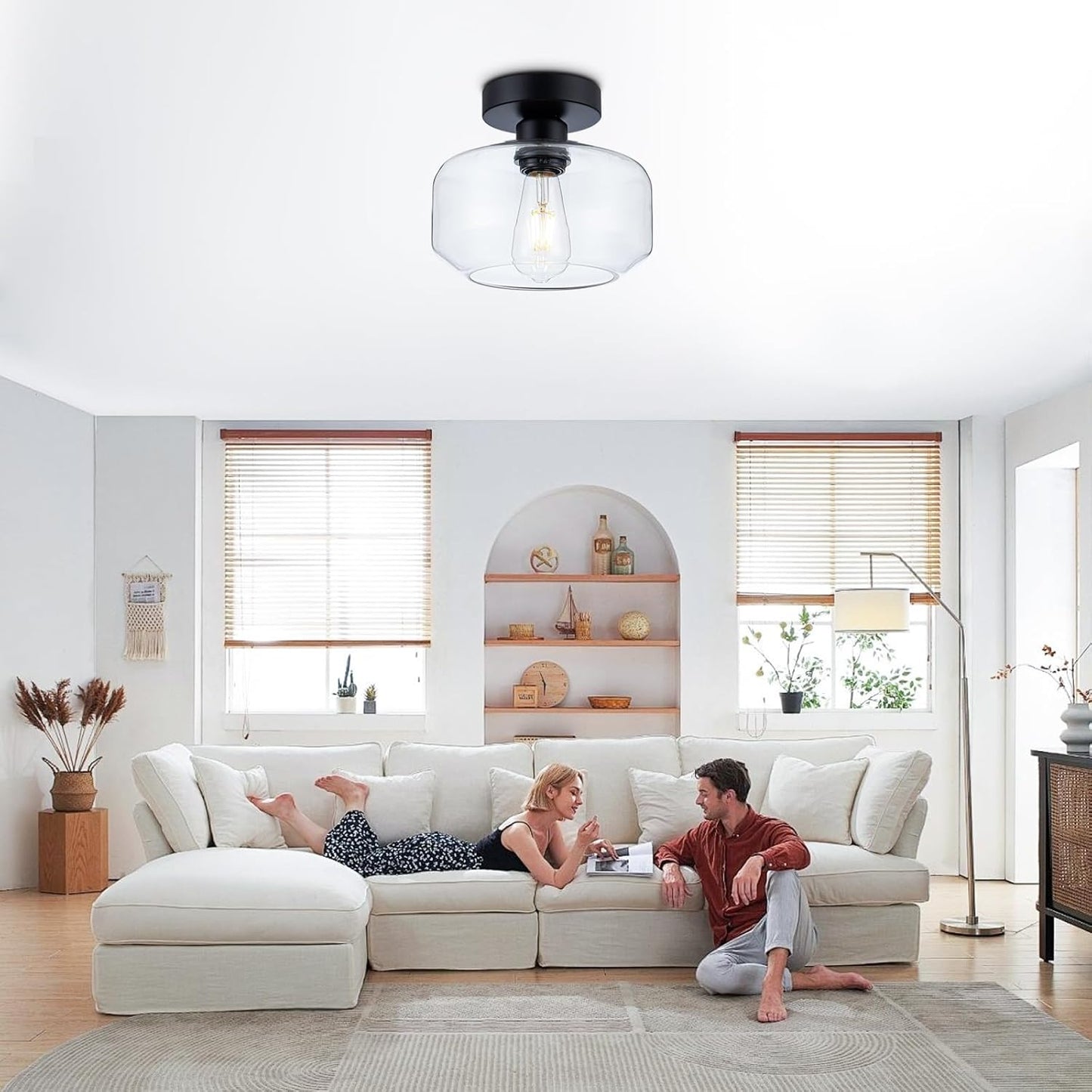 Black Flush Mount Ceiling Light - Modern Glass Semi-Flush Fixture w/LED Bulb - Matte Black Metal for Hallway, Kitchen, Bathroom, Bedroom - Easy Install