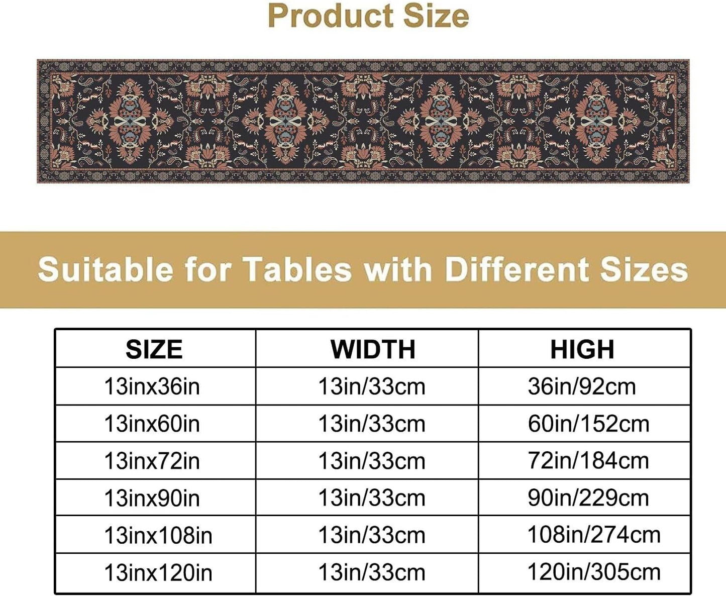 Boho Paisley Farmhouse Table Runner, Vintage Red Blue Retro Flower Rustic Country Style Floral Print Pattern for Home Kitchen Table Decor Dining Coffee Room Garden Party Decor 13x120in