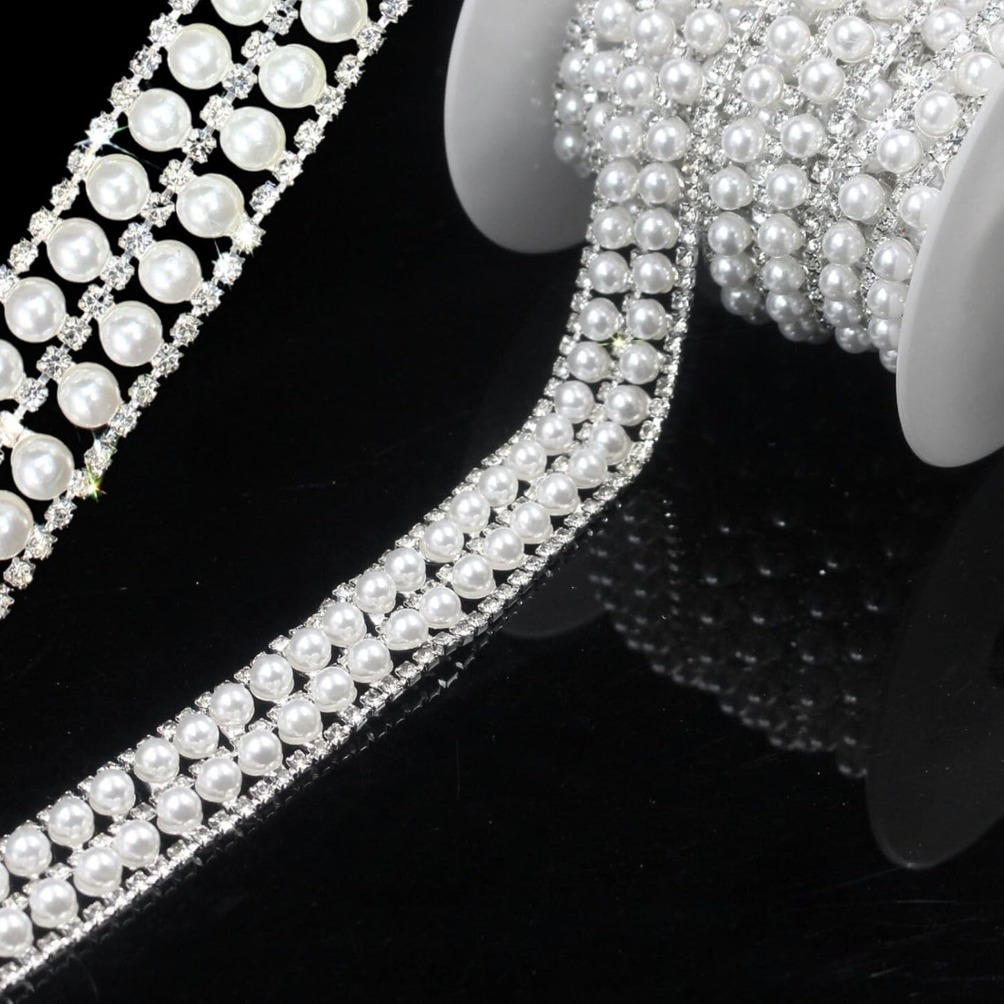 PEARLY JUN 1 Yard Pearl Rhinestone Trim Chain Silver Crystal Fringe Diamond Applique Ribbon String Tassel Strip for Sewing Wedding Dress Crafting Crafts Flower Embellishments