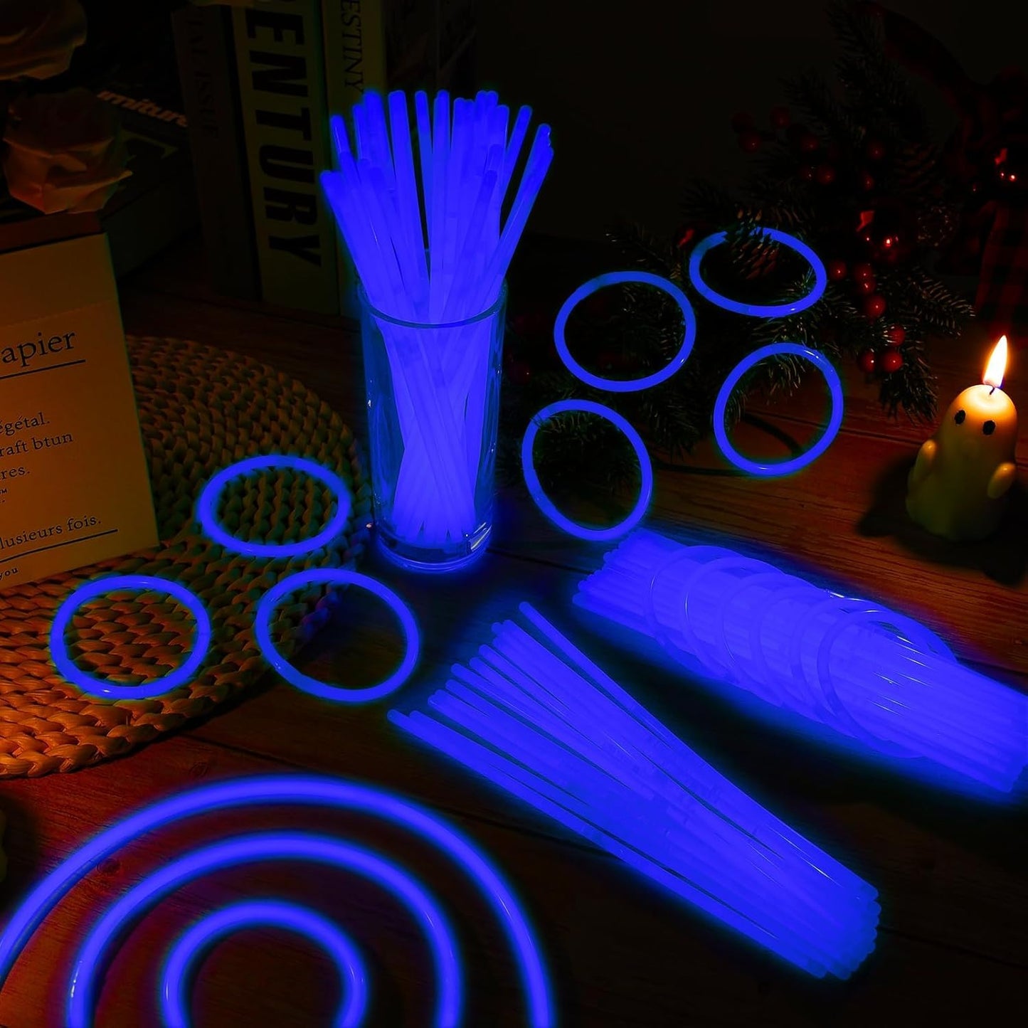 100 Pack 8” Blue Glow Sticks Bulk with 100 Connectors Neon Glow In The Dark Party favors Supplies for Holiday Birthday Party Decoration (Blue)