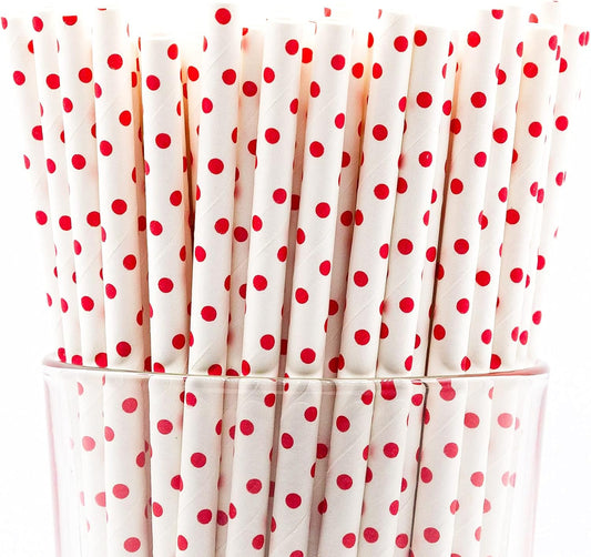 Pack of 900 Red Polka Dot Biodegradable 4-Ply Paper Drinking Straws (Compostable, Non-toxic, BPA-free)