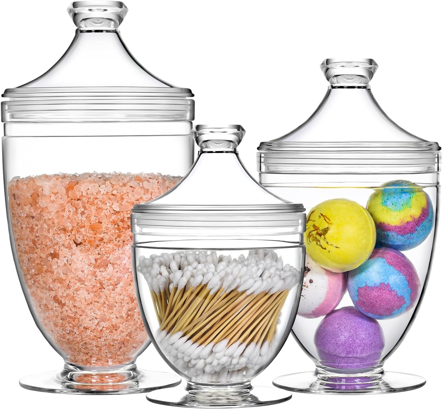Acrylic Apothecary Jars with Lids, 3-Piece Vanity Organizer Canisters, Storage Container Jars for Bathroom, Laundry Room, Kitchen, Candy Buffet