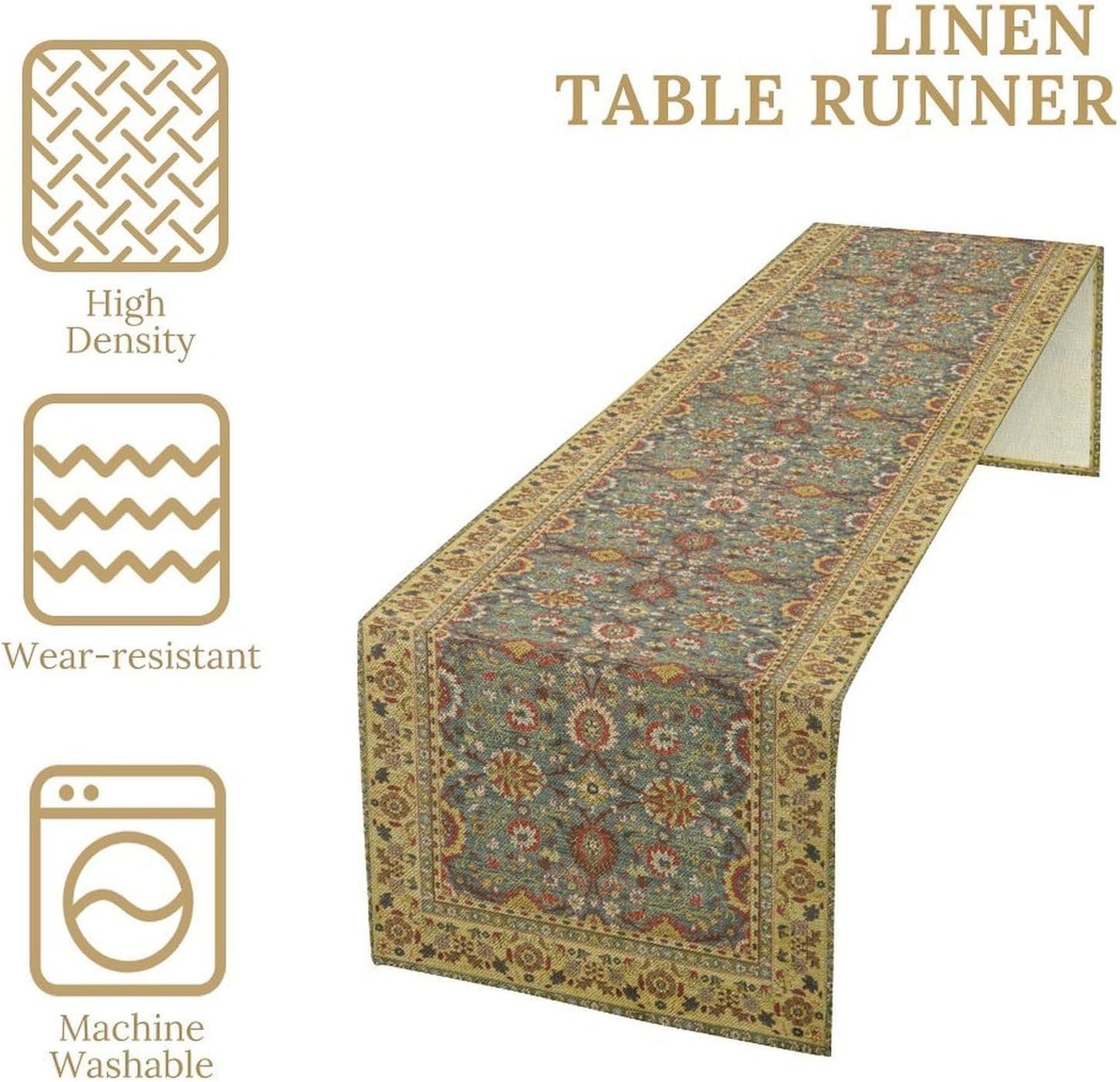 Boho Floral Vintage Beige Blue Table Runner, Retro Flower Rustic Country Farmhouse Abstract Pattern for Home Kitchen Table Decor Dining Coffee Room Party Decor 13x108in
