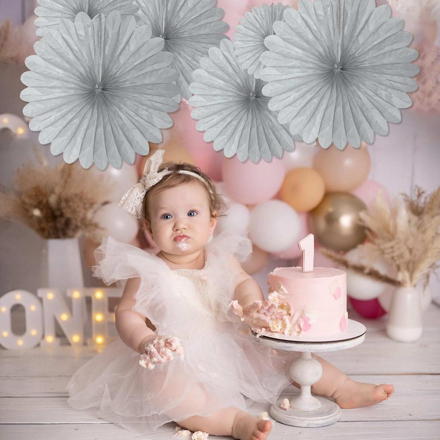 20 Pcs Silver Gray Hanging Paper Fan, Round Paper Fans Decorations Set for Weddings, Birthdays, Engagement, Bridal Shower, Baby Shower Event, Graduation, Party Supplies Decor