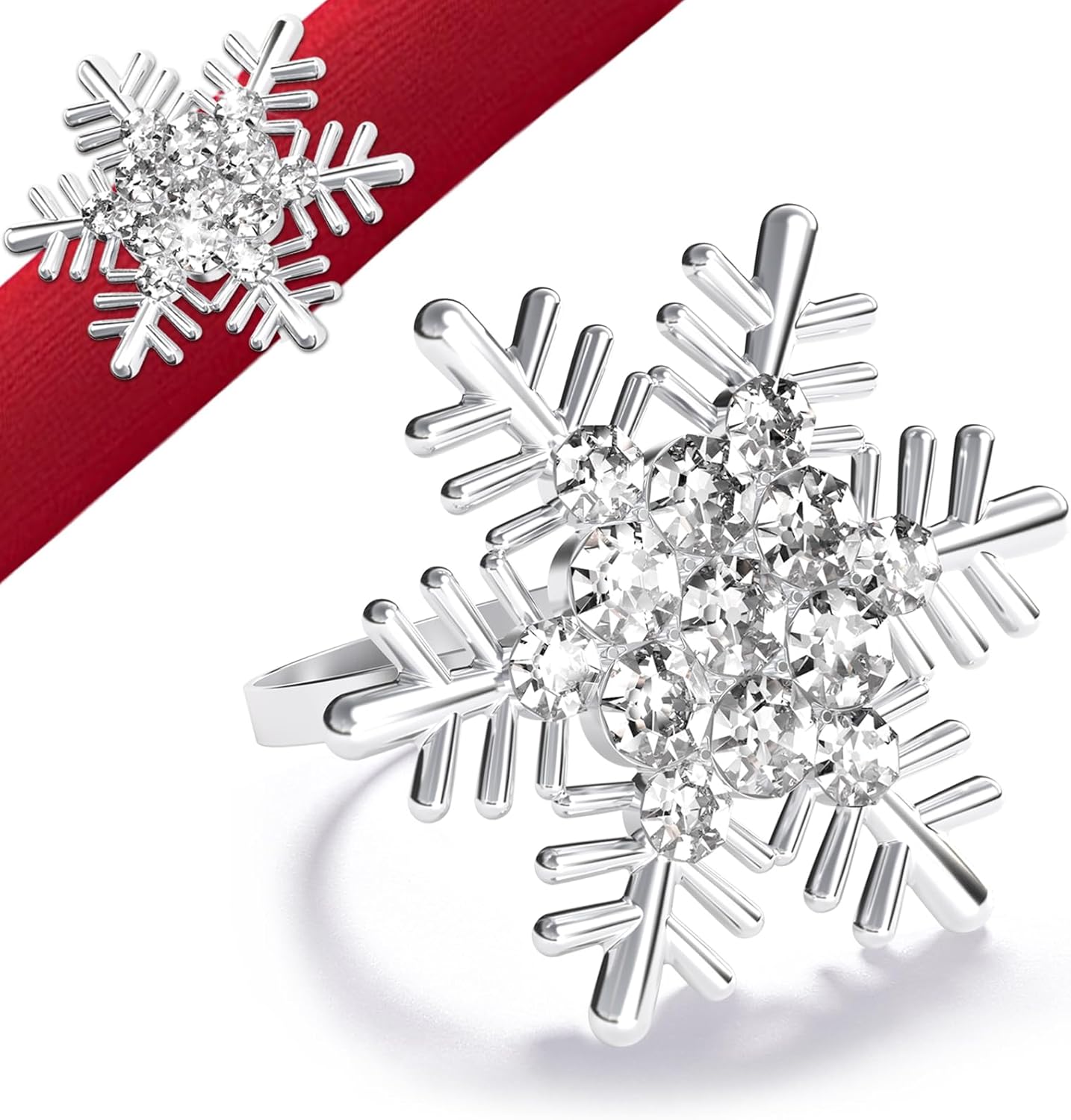 Halatool Christmas Napkin Rings Set of 8, Silver Snowflake with White Rhinestone Napkin Holder for Christmas Thanksgiving Winter Holiday Place Setting, Weddings, Party Table Decoration