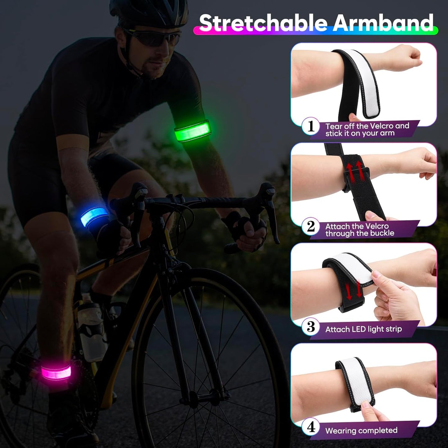 LED Armband for Running Walking Cycling, Multicolor Light Up Armband with Battery Indicator, Rechargeable Running Lights Safety Band for Night Visibility,Adjustable Reflective Gear for Adults & Kids