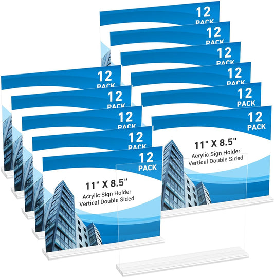 12 Pack Acrylic Sign Holder 11 x 8.5 Horizontal, Double-Sided Clear Sign Holder Plastic Stands for Display, T Shape Acrylic Table Sign Stands for Office Store Restaurants Wedding Party Decoration