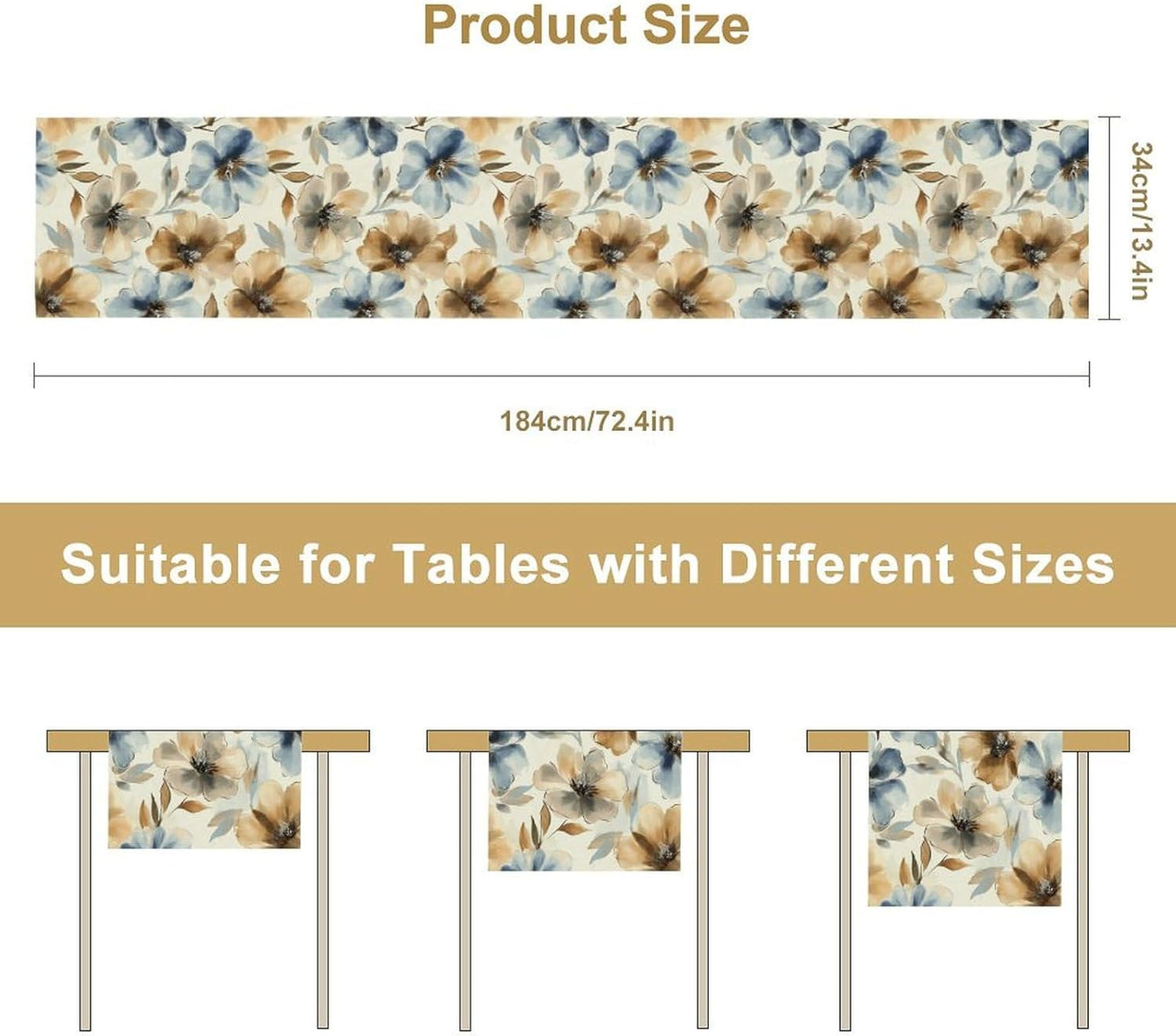 Poppy Floral Table Runner, Watercolor Brown Blue Flowers Blossom Summer Nature Table Runner for Kitchen Dinning Table Runner Decor Home Wedding Party Holiday, 13x90 Inch