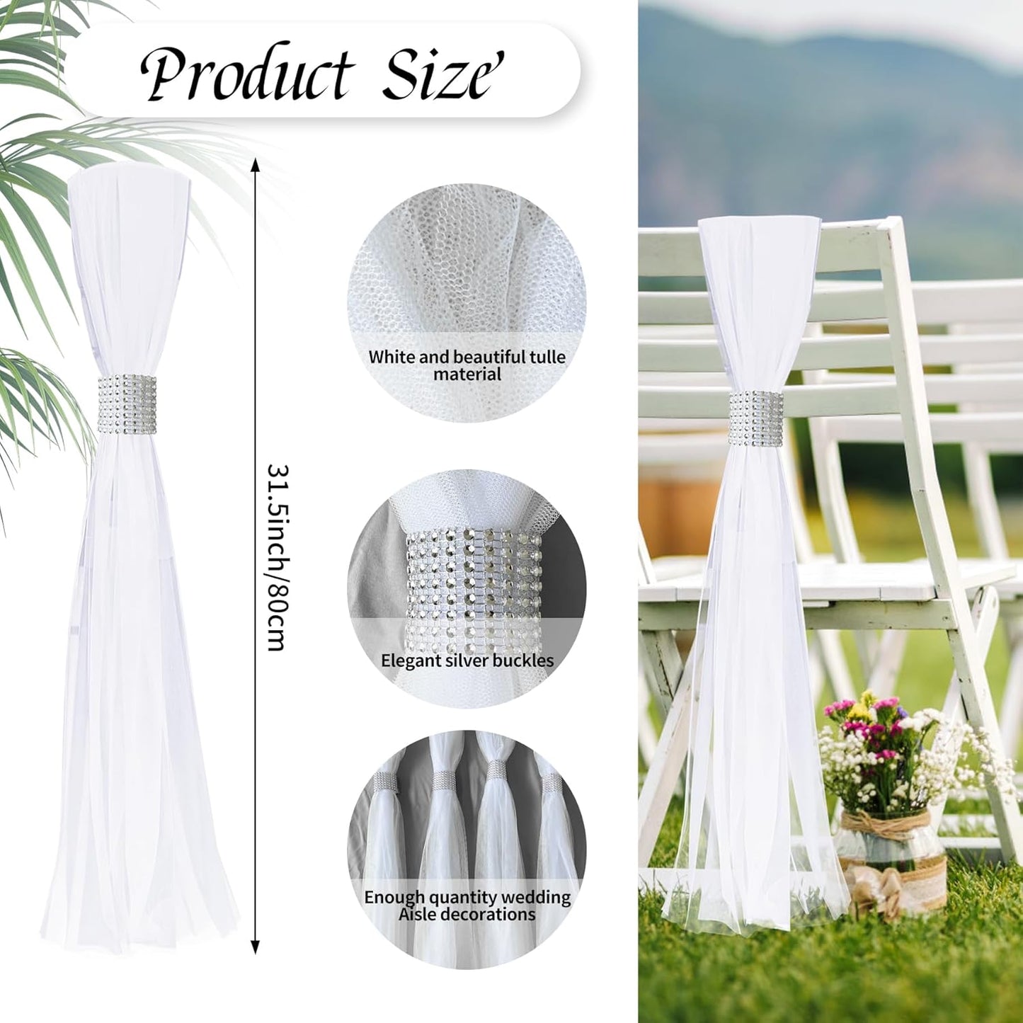 26 Sets Large White Pew Bows Tulle Wedding Aisle Chair Decorations, Extended Church Pew Decor Aisle Flowers Runner for Weddings Ceremony Outside Decorations(Silver)