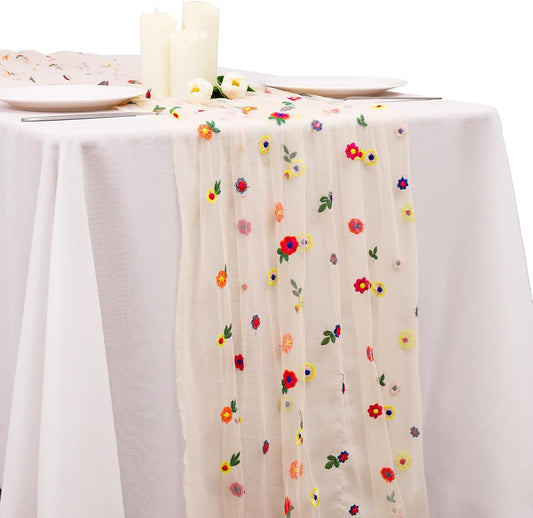 BINBE 1pcs Champagne Daisy Fall Table Runner Embroidery Gauze 10FT Florals Seasonal Tulle Holiday Birthday Kitchen Dining Table Decor for Home Party
