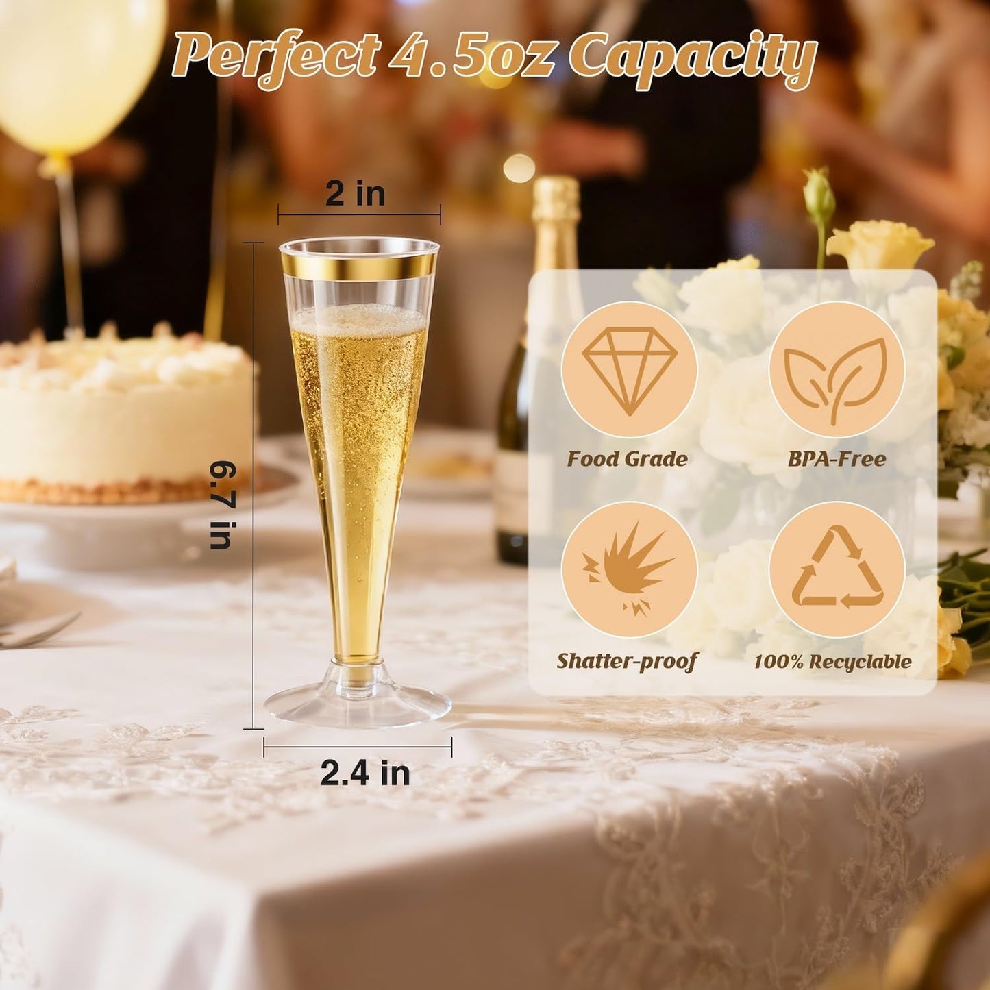 200 Pack Champagne Flutes Plastic Wine Glasses Disposable, 4.5 Oz Gold Rim Mimosa Glasses for 2025 Engagement Wedding Birthday New Years Eve Xmas Party Supplies, Bulk Toasting Cocktail Cups