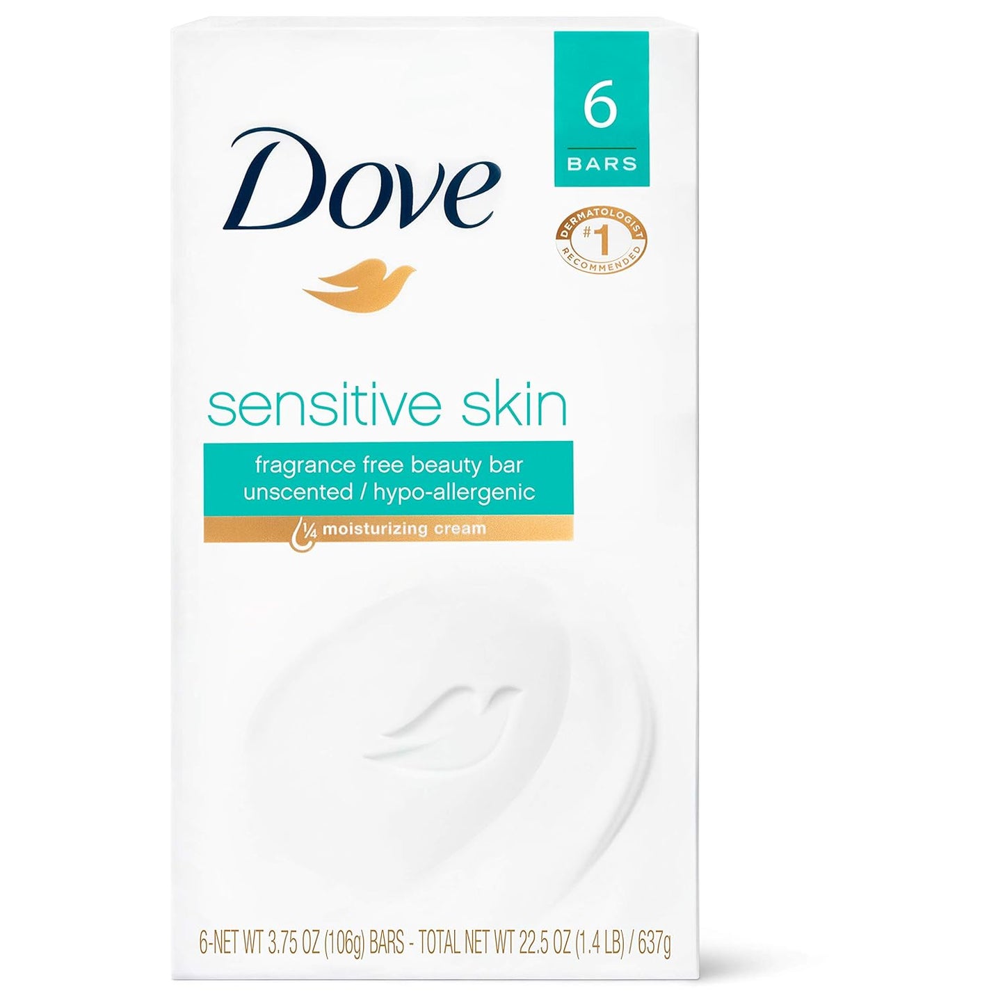 Dove Sensitive Skin Hypo-Allergenic Beauty Bar Soap, Unscented, 4 Ounces, 6-Pack
