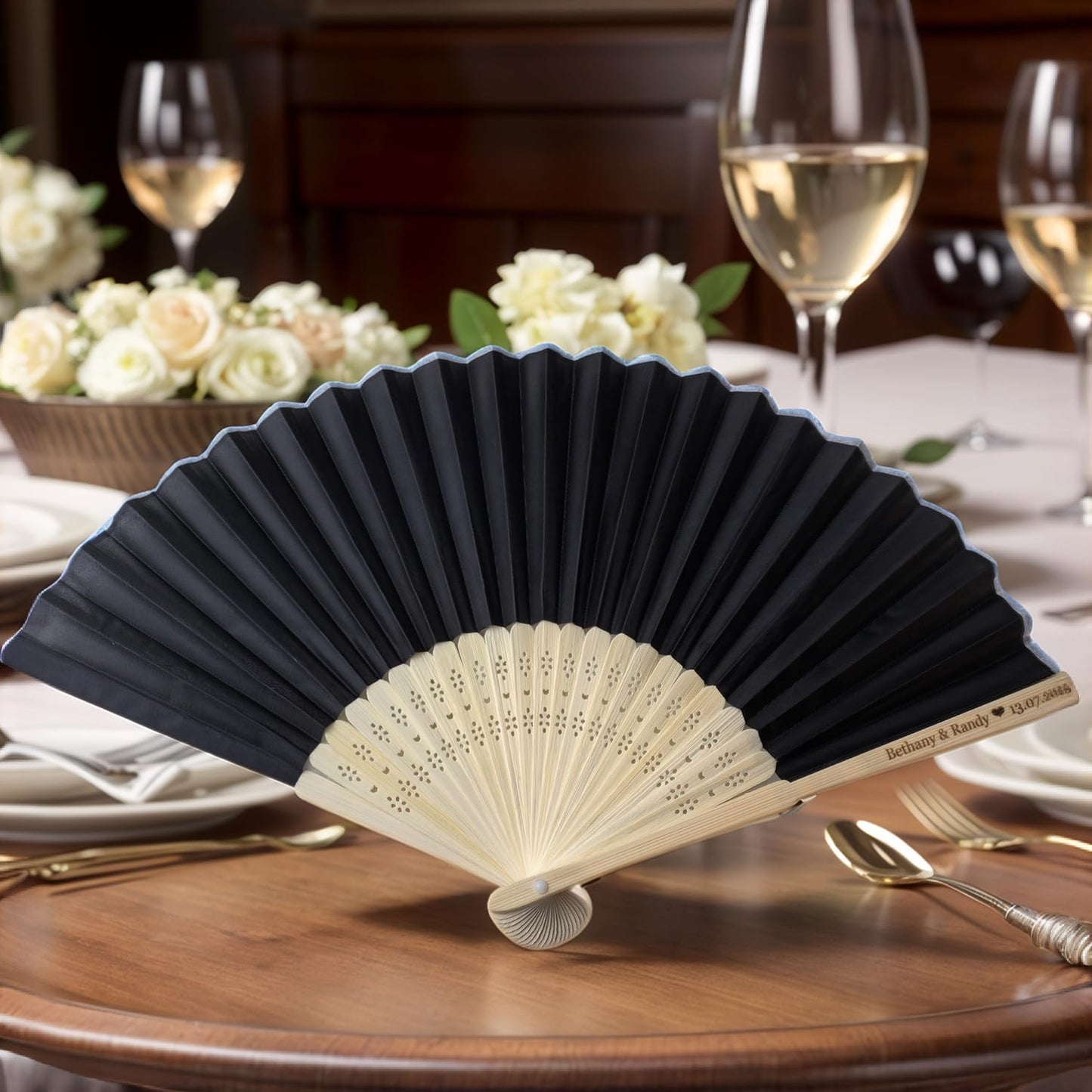 128Pcs Personalized Silk Fans Folding Hand Fan, Custom Wedding Bridal Party Favors, Summer Wedding Bride, Wedding Gift, Thank You Gift (Black)