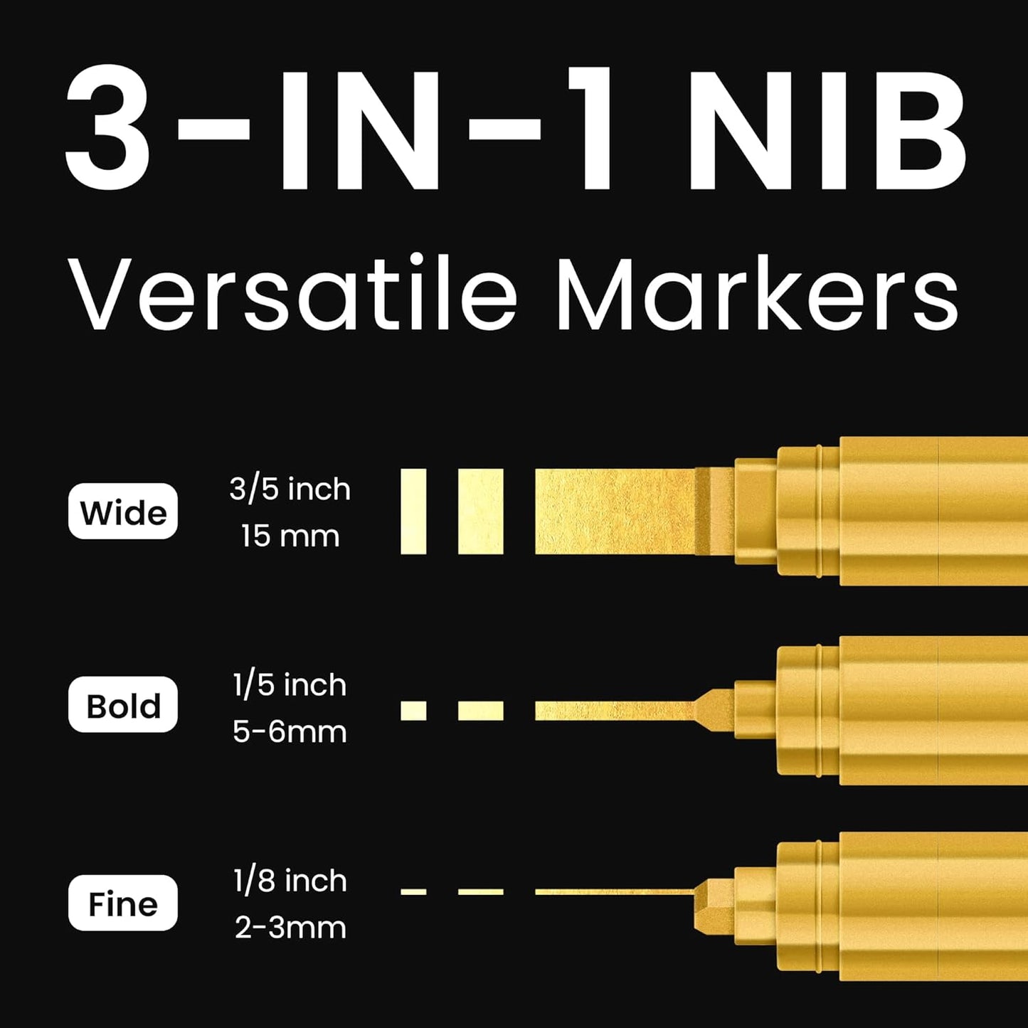 3 Pcs Gold Jumbo Permanent Markers: 15mm Wide Tip Thick Acrylic Paint Pen Large Calligraphy Marker for Rock Painting, Poster, Sign, Canvas, Glass, Wood, Ceramic