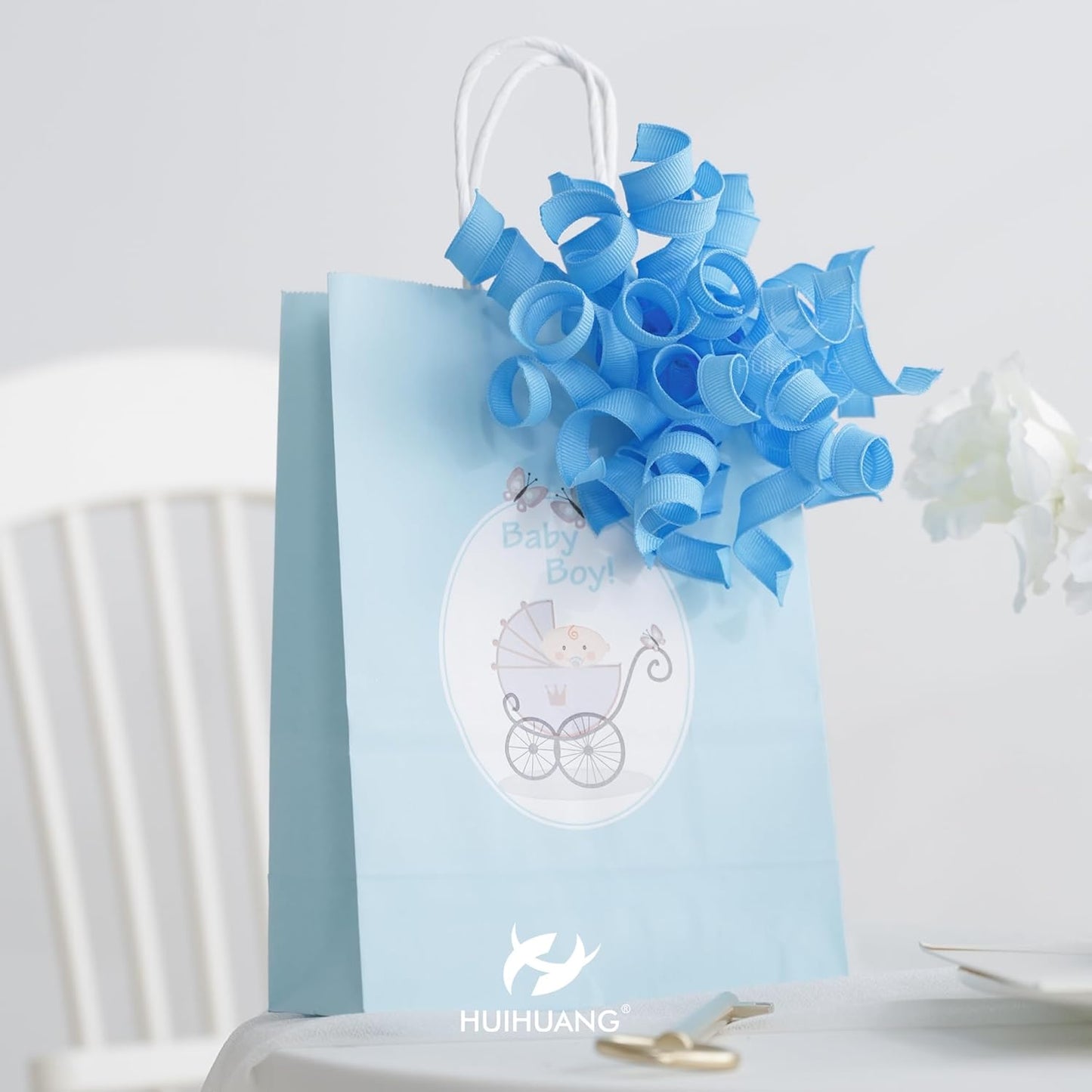 HUIHUANG Baby Blue Bows for Gift Wrapping, Blue Curly Ribbon Bows Self Adhesive Burst Gift Bows for Presents, Wine Bottle, Treat Bags, Wrap Accessories, Baby Shower, Wedding Party Favor - 6 Counts